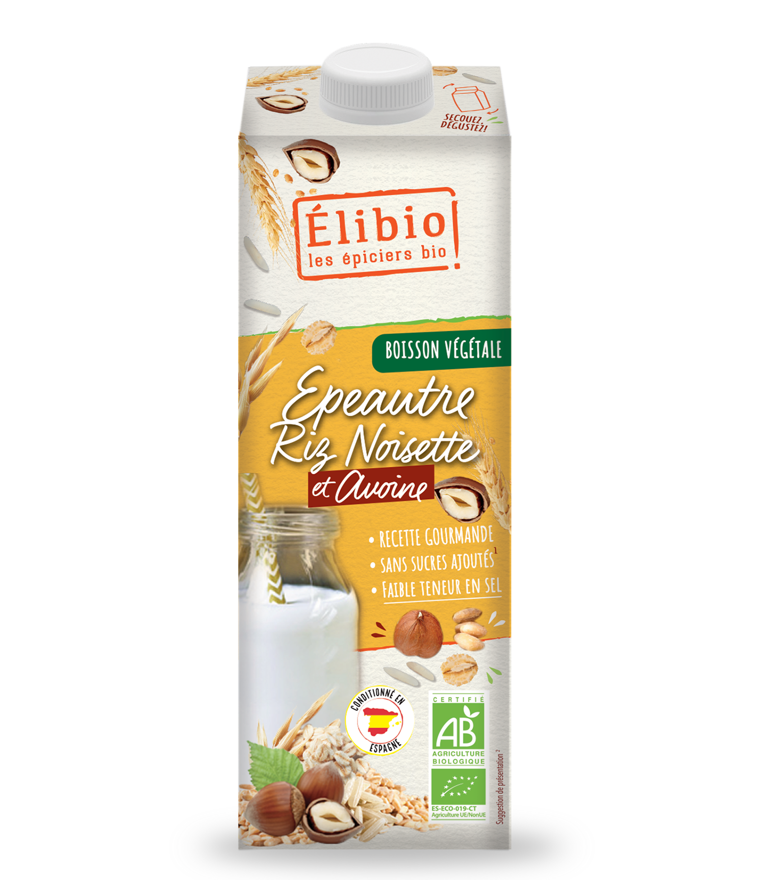 Elibio Élibio Spelt Hazelnoot Rijst en Haver Drink zonder Suiker Bio (1000 ml)