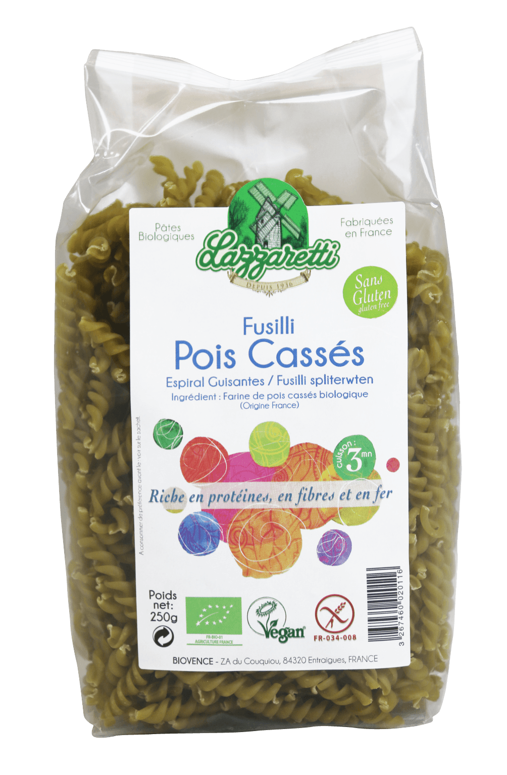 Lazzaretti Fusilli met Spliterwten Bio (250 gr)