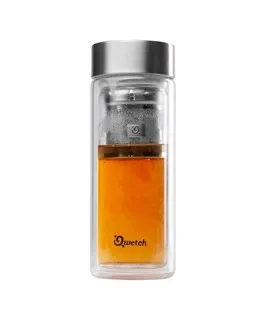 Qwetch Dubbelwandige Glazen Theepot met Geborsteld Roestvrij Staal (320 ml)
