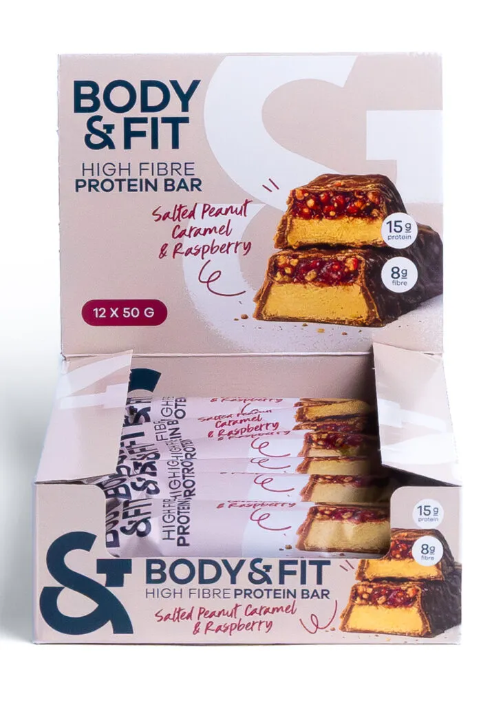 Body & Fit Body&fit High Fibre Salted Peanut Caramel Raspberry (12 x 50 gr)