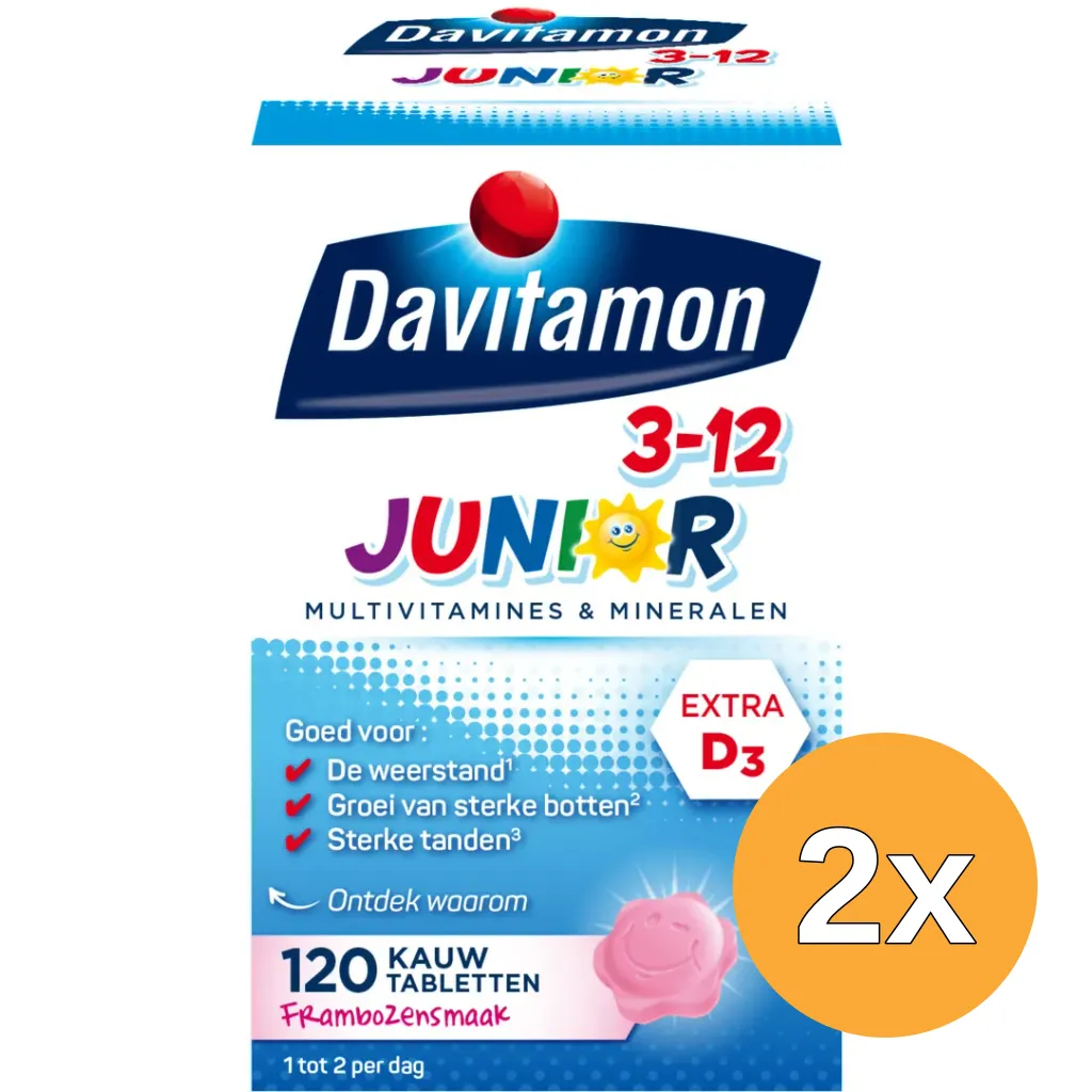 2x Davitamon Junior 3+ framboos (120 kauwtabletten)