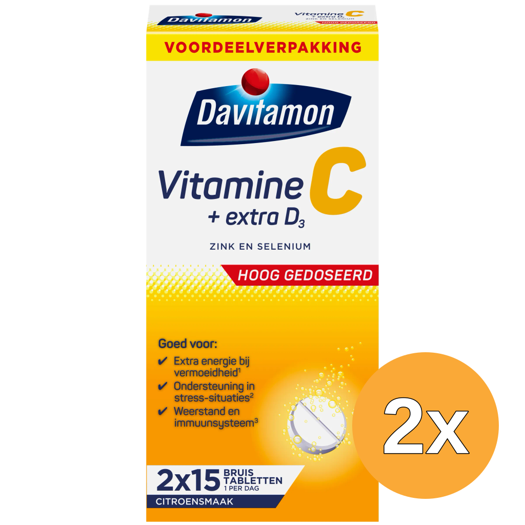 2x Davitamon Vitamine C + Extra D3 Bruistabletten Citroensmaak (30 tabletten)