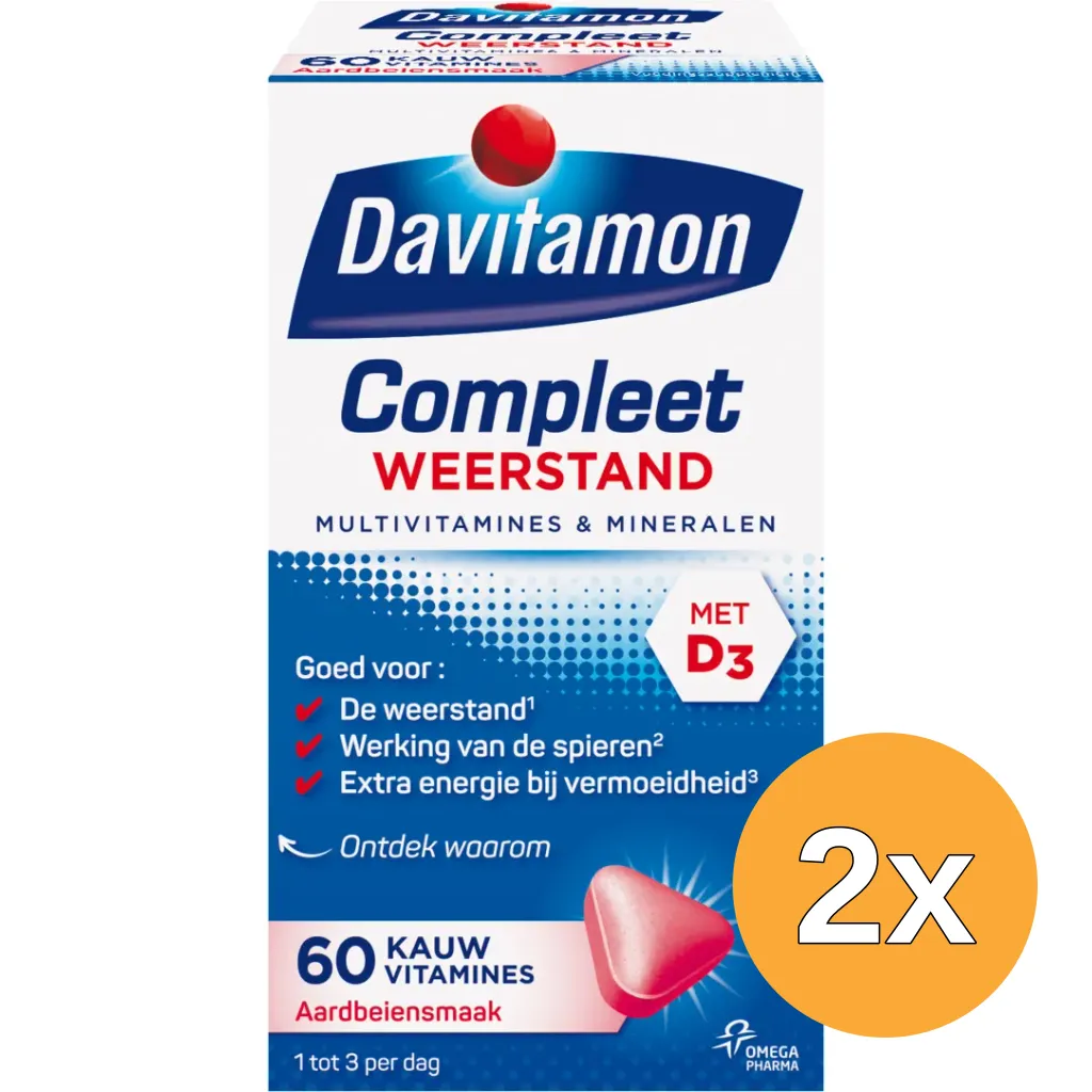 2x Davitamon Compleet weerstand kauwvitamines aardbei (60 tabletten)