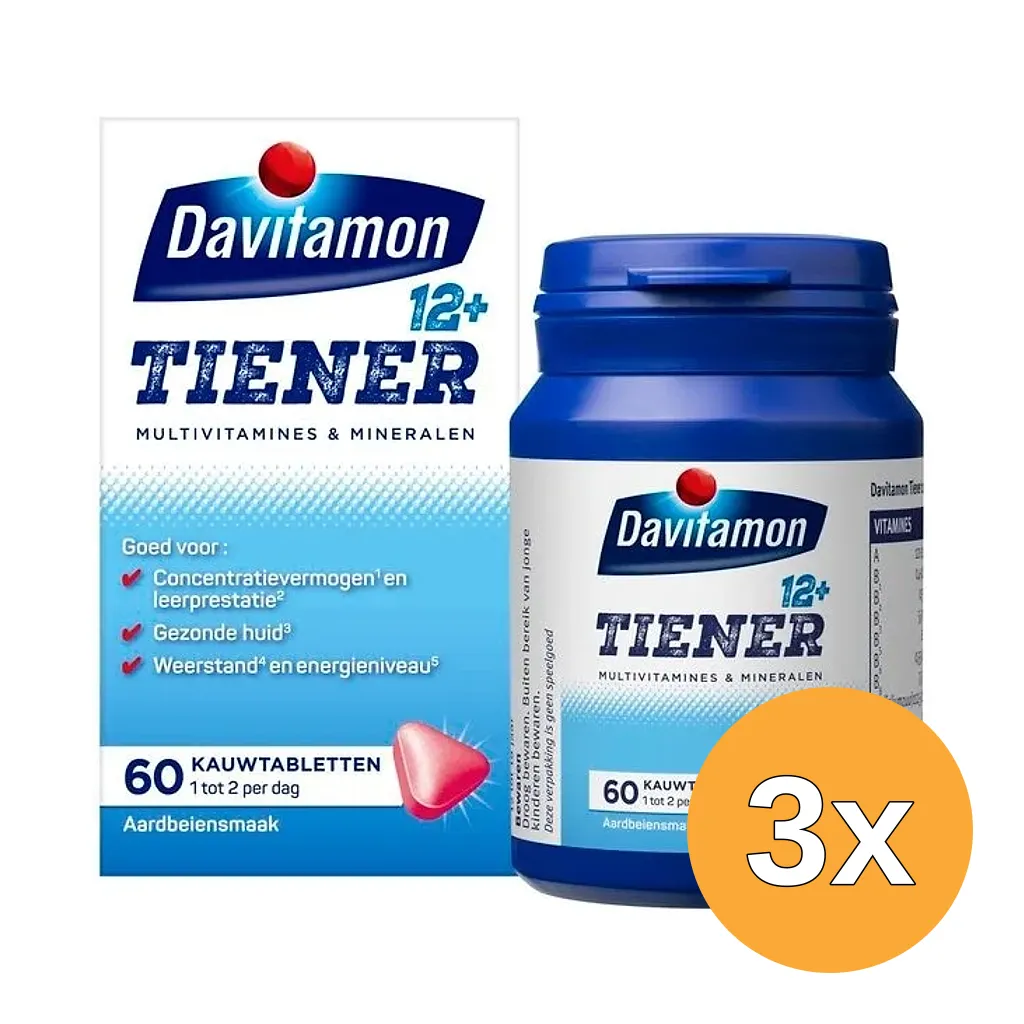 3x Davitamon Tiener 12+ aardbei (60 kauwtabletten)