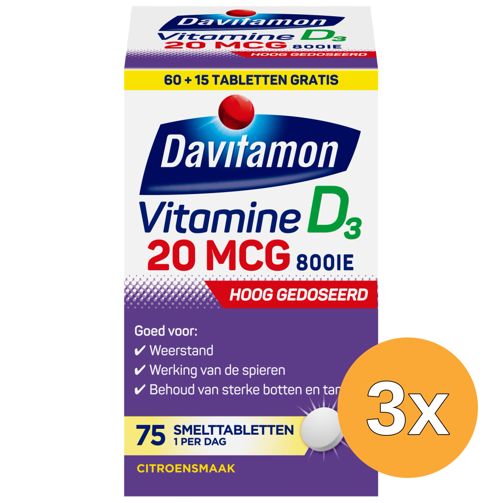 3x Davitamon Vitamine D3 20mcg (75 tabletten)
