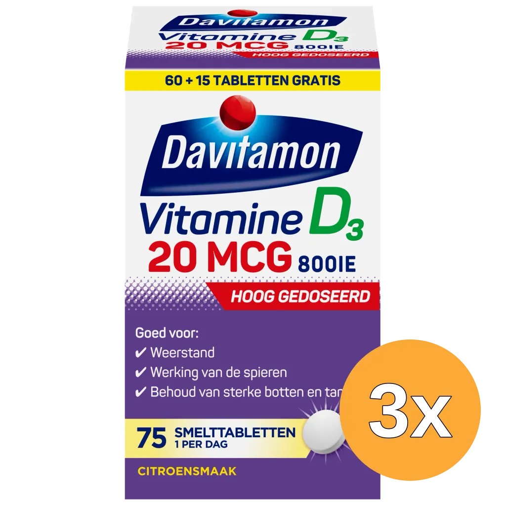 3x Davitamon Vitamine D3 20mcg (75 tabletten)