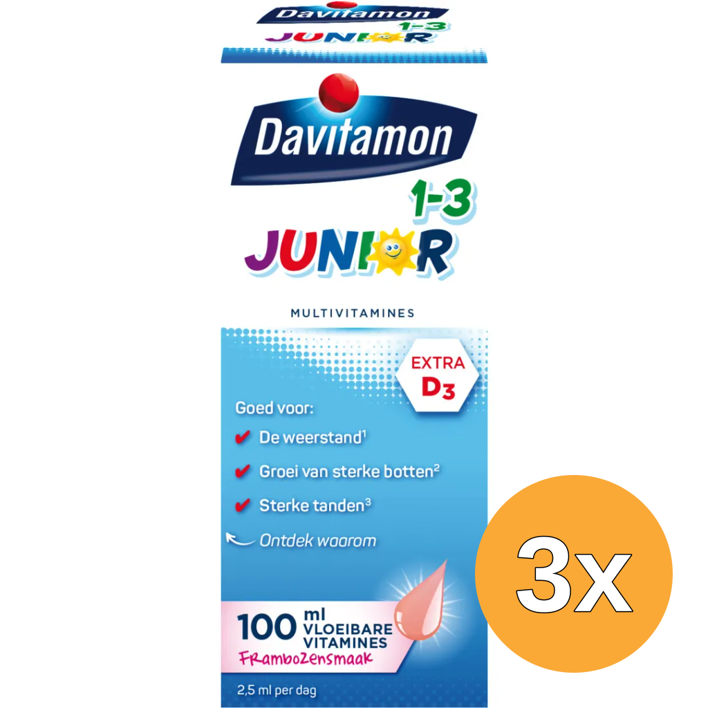 3x Davitamon Junior 1+ vloeibare vitamines framboos (100 ml)