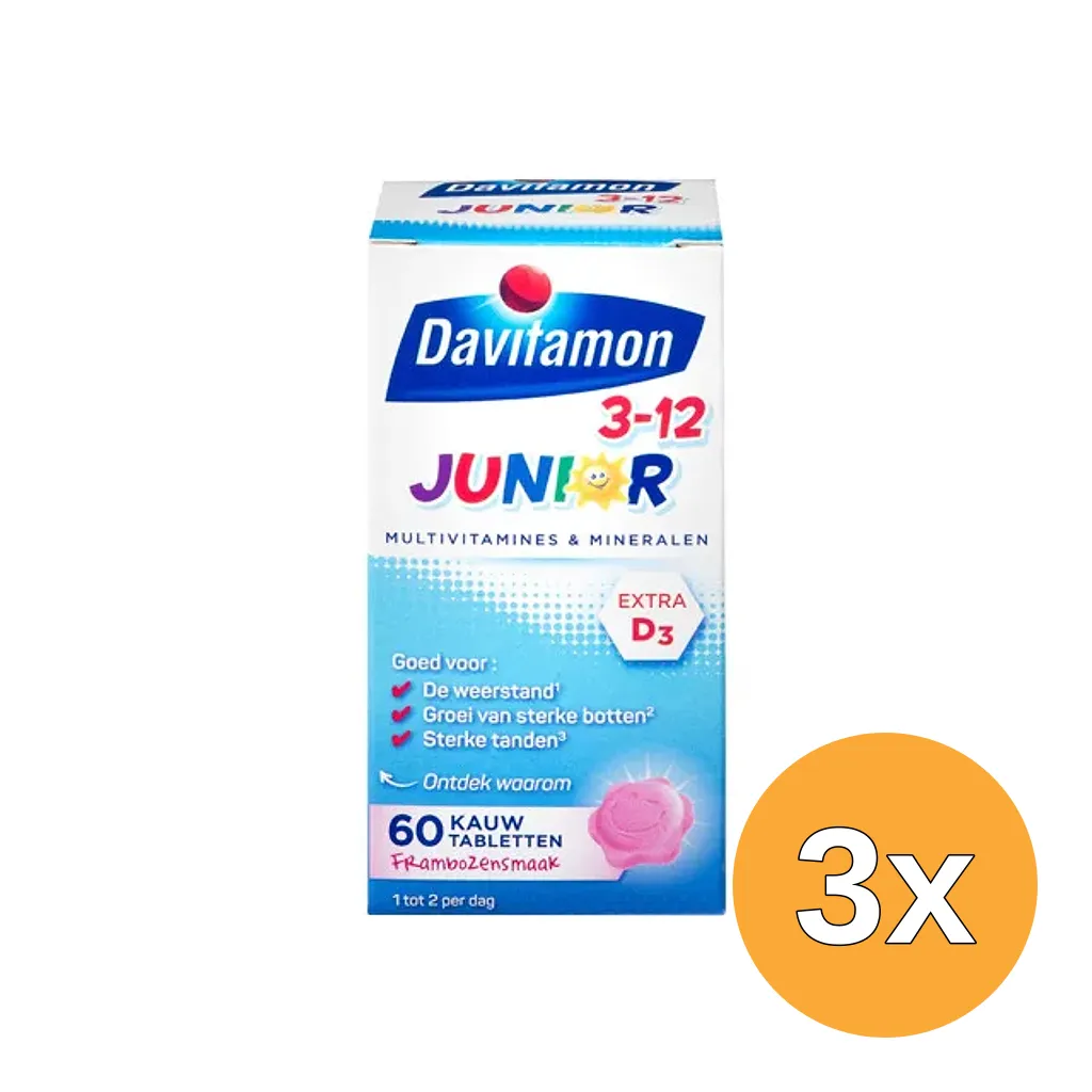 3x Davitamon Junior 3+ framboos (60 kauwtabletten)