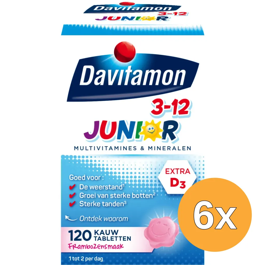 6x Davitamon Junior 3+ framboos (120 kauwtabletten)