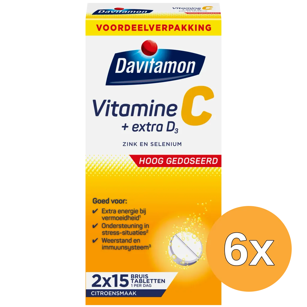 6x Davitamon Vitamine C + Extra D3 Bruistabletten Citroensmaak (30 tabletten)