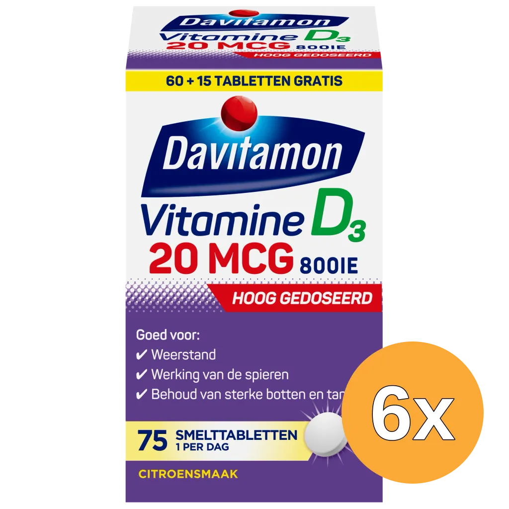 6x Davitamon Vitamine D3 20mcg (75 tabletten)