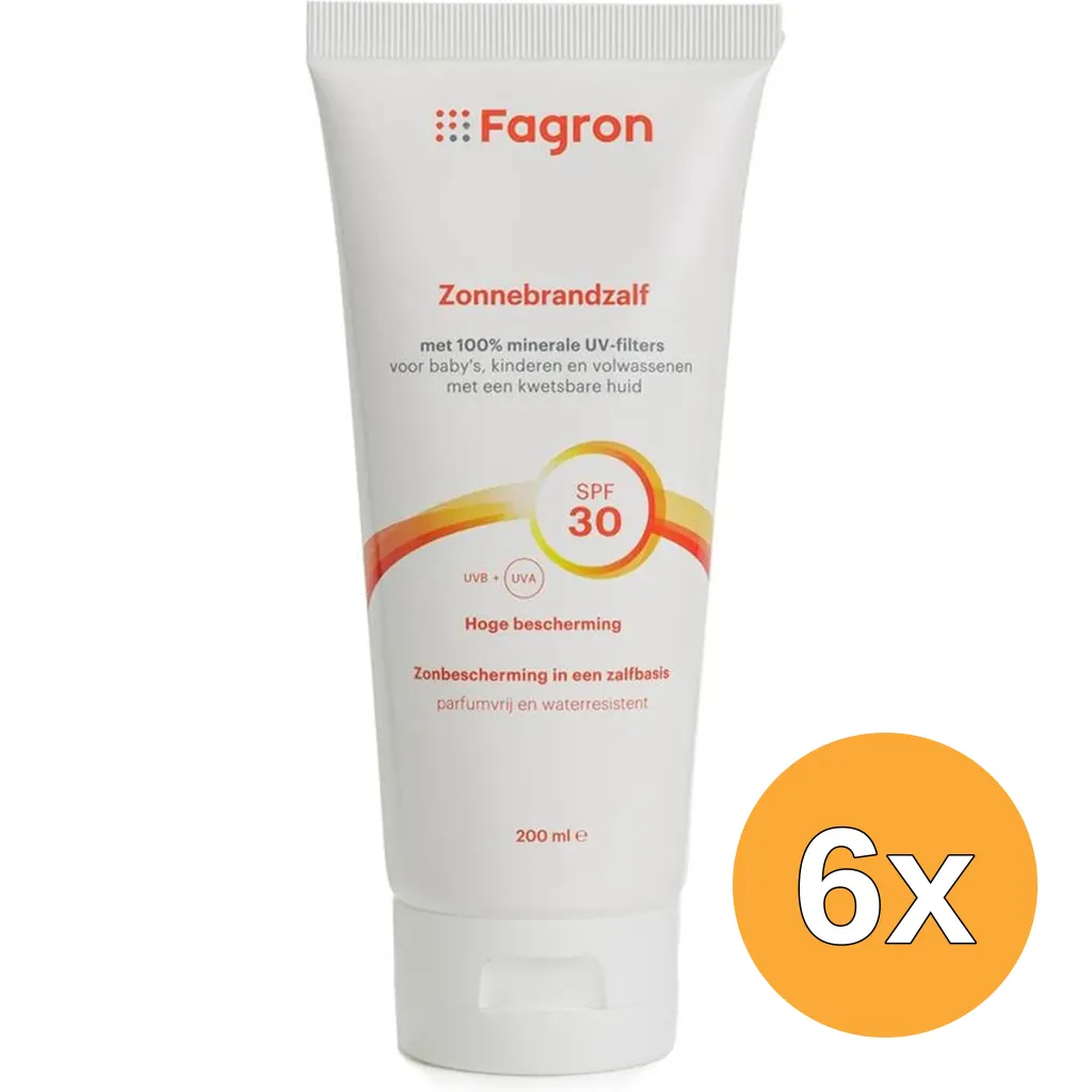 6x Fagron Zonnebrand Zalf SPF 30 100% Minerale UV Filters (200 ml)