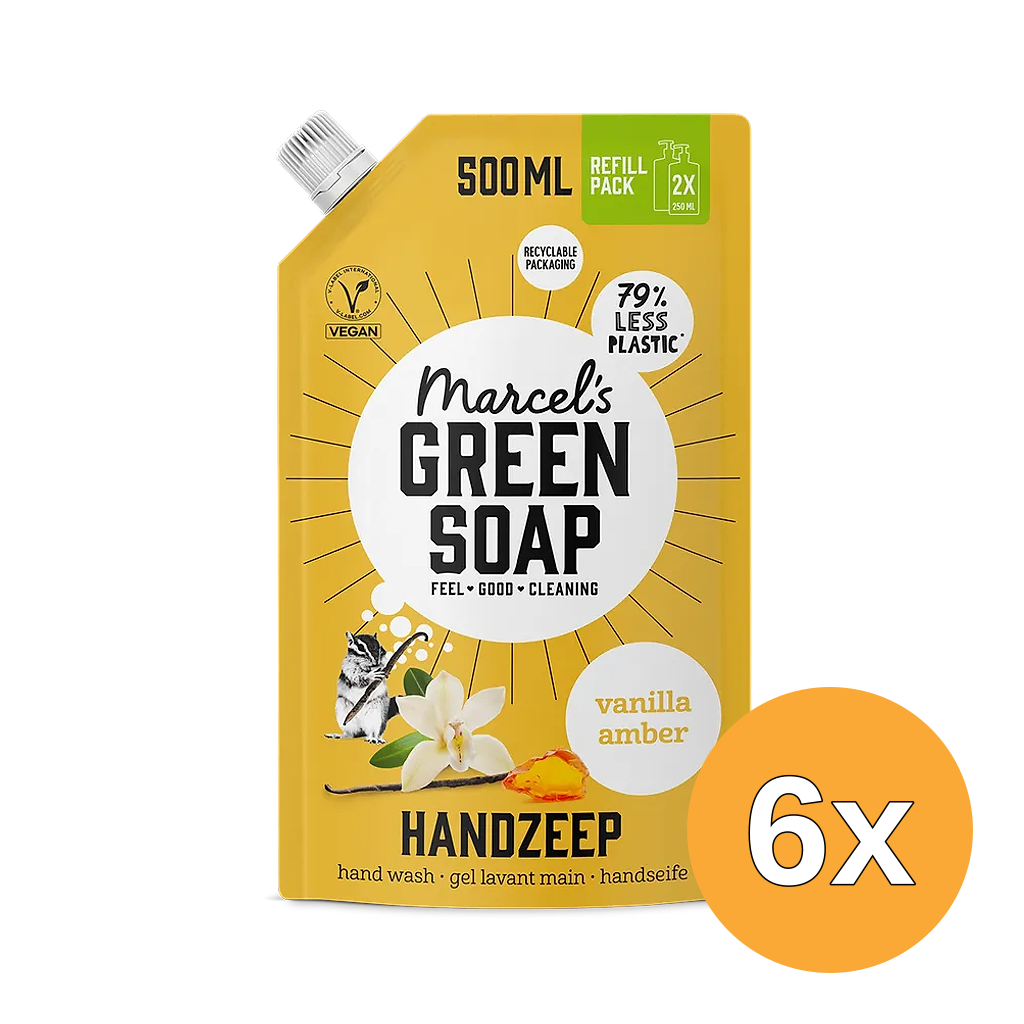 6x Marcel's Green Soap Handzeep Vanille & Amber Navulling (500 ml)
