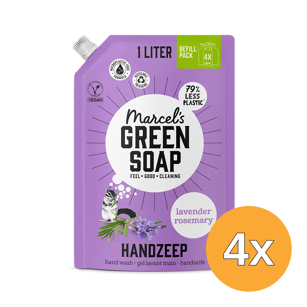 4x Marcel's Green Soap Handzeep lavendel & rozemarijn Navulverpakking (1000 ml)
