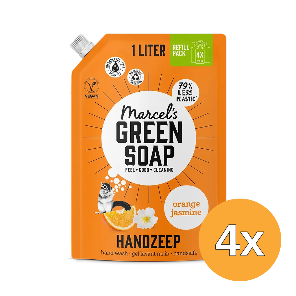 4x Marcel's Green Soap Handzeep sinaasappel & jasmijn Navulverpakking (1000 ml)