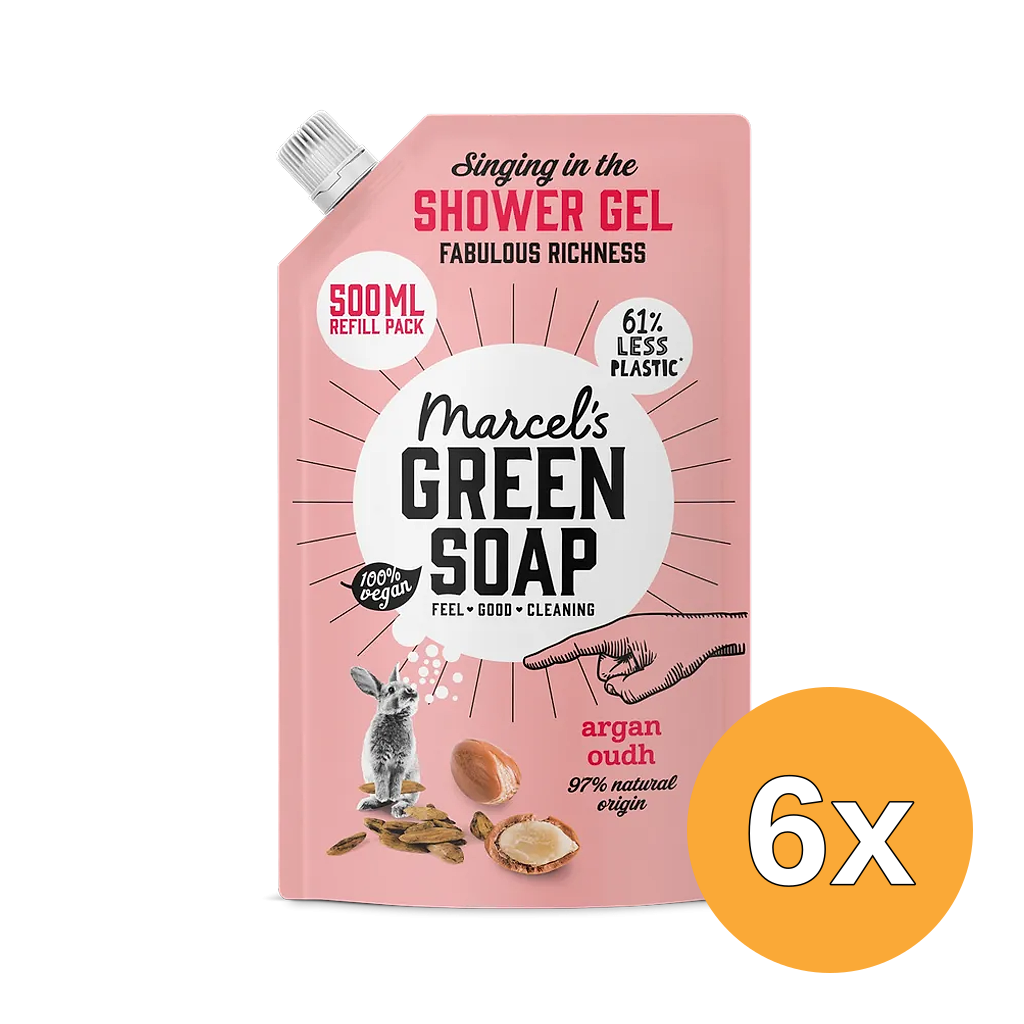 6x Marcel's Green Soap Shower Gel Argan & Oudh Navulling (500 ml)