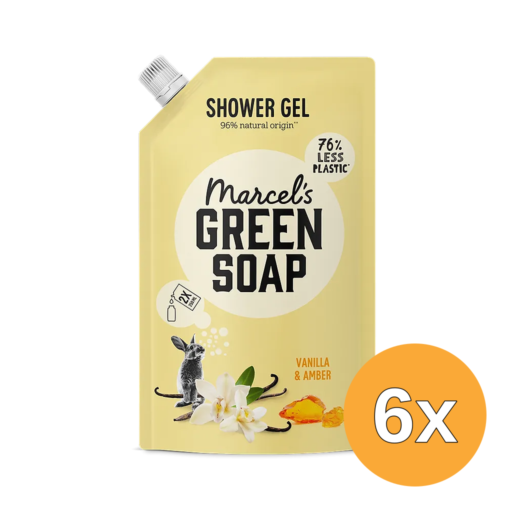 6x Marcel's Green Soap Shower Gel Vanilla & Amber Navulling (500 ml)