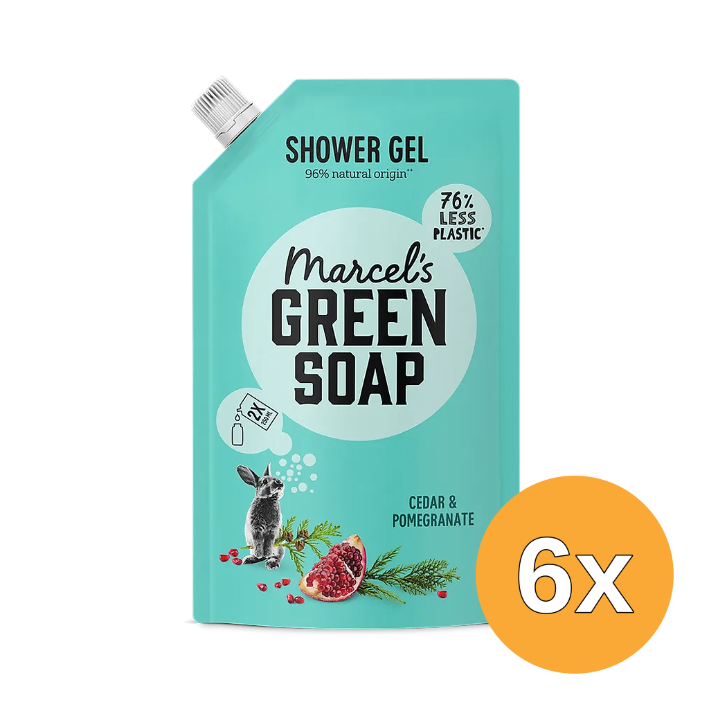 6x Marcel's Green Soap Shower Gel Cedar & Pomegranate Navulling (500 ml)