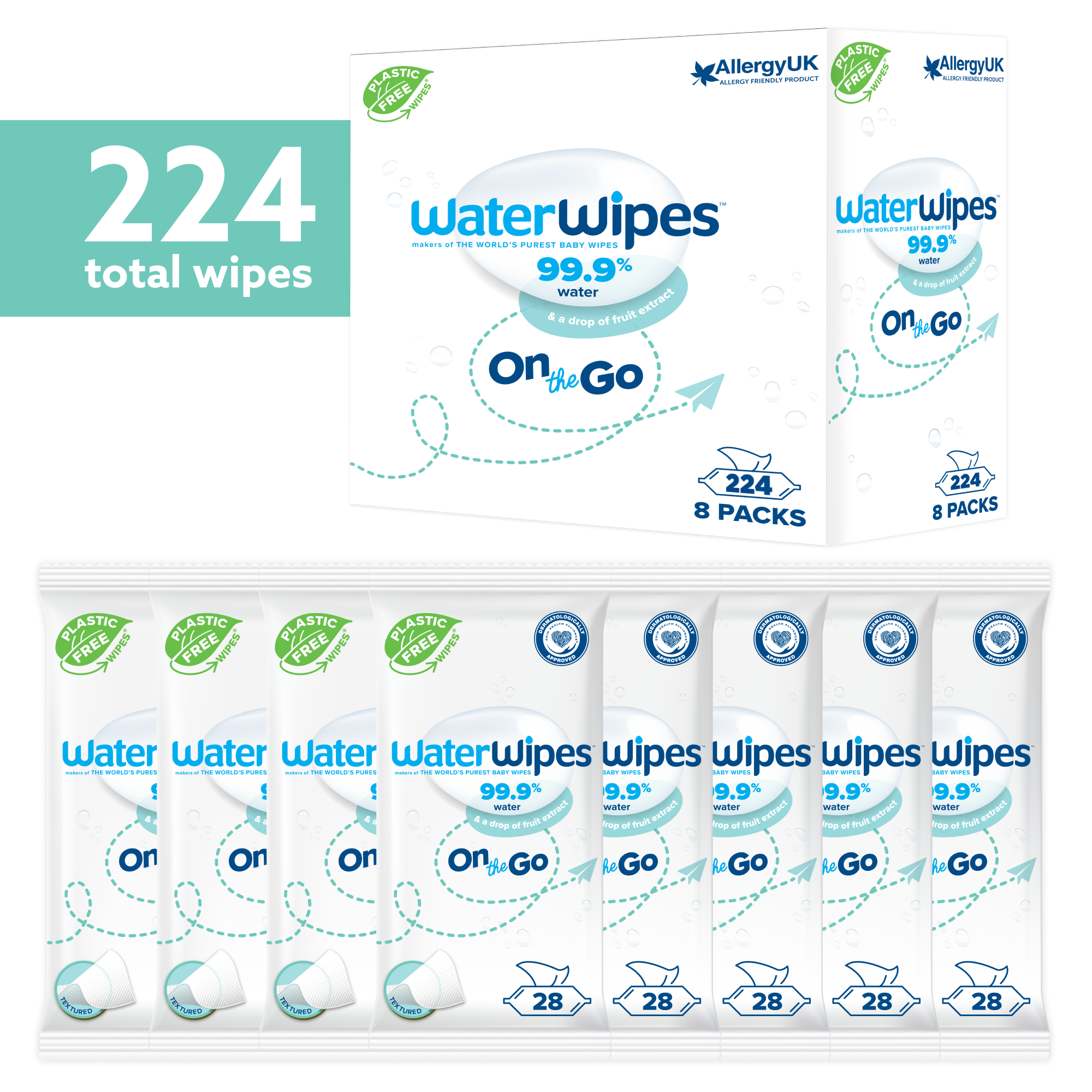 Waterwipes On The Go Doekjes - Plasticvrij - Gevoelige Huid (8 x 28 stuks)