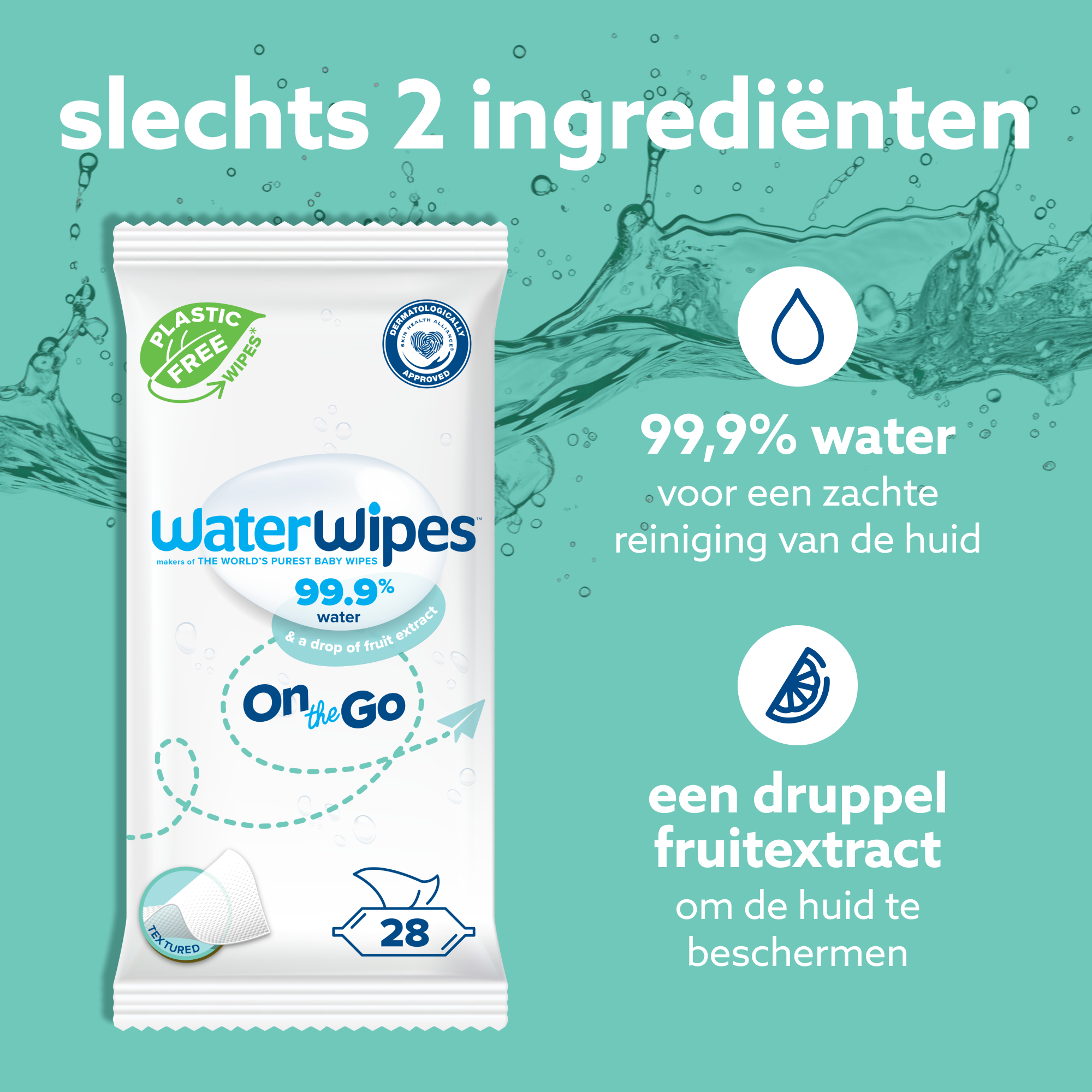 Waterwipes On The Go Doekjes - Plasticvrij - Gevoelige Huid (8 x 28 stuks) - image 2