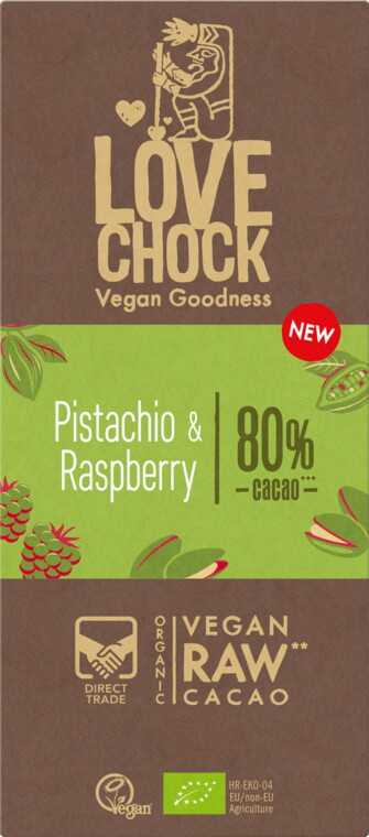 Lovechock Raw Chocoladereep Pistache Framboos Puur 80% (70 gr)
