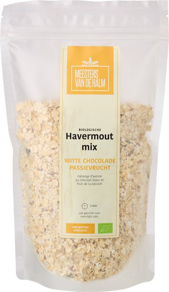 Meesters van De Halm Havermoutmix Witte Chocolade Passievrucht (350 gr)
