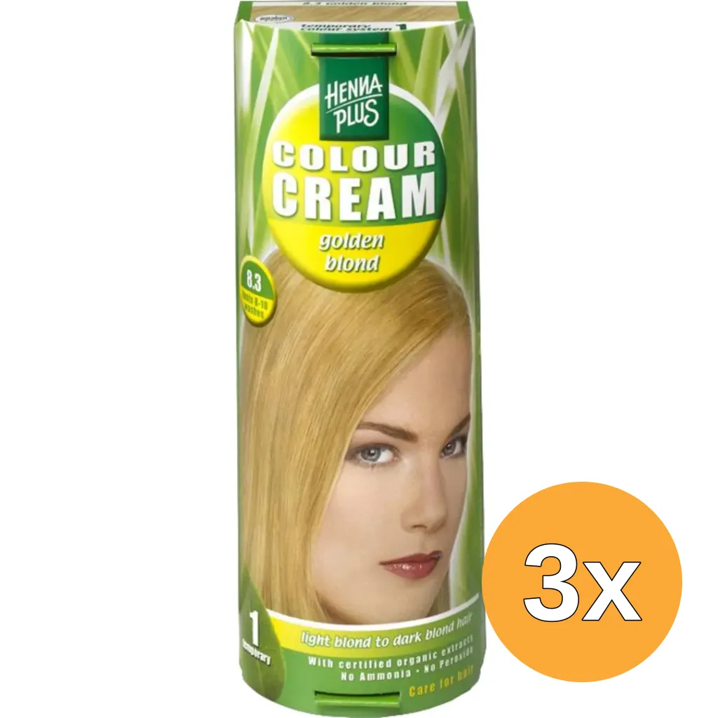 3x Hennaplus Colour Cream 8.3 Gold Blond (60 ml)