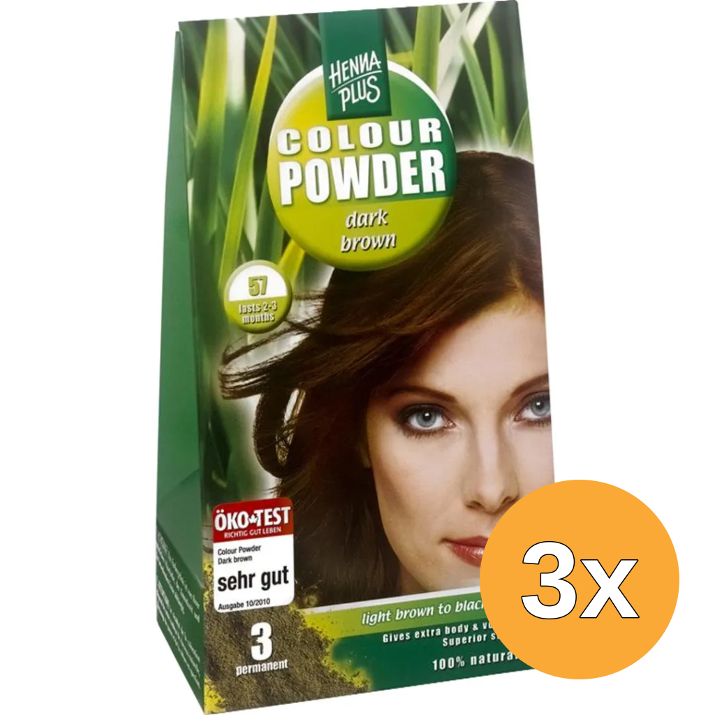 3x Hennaplus Colour powder 57 dark brown (100 gr)