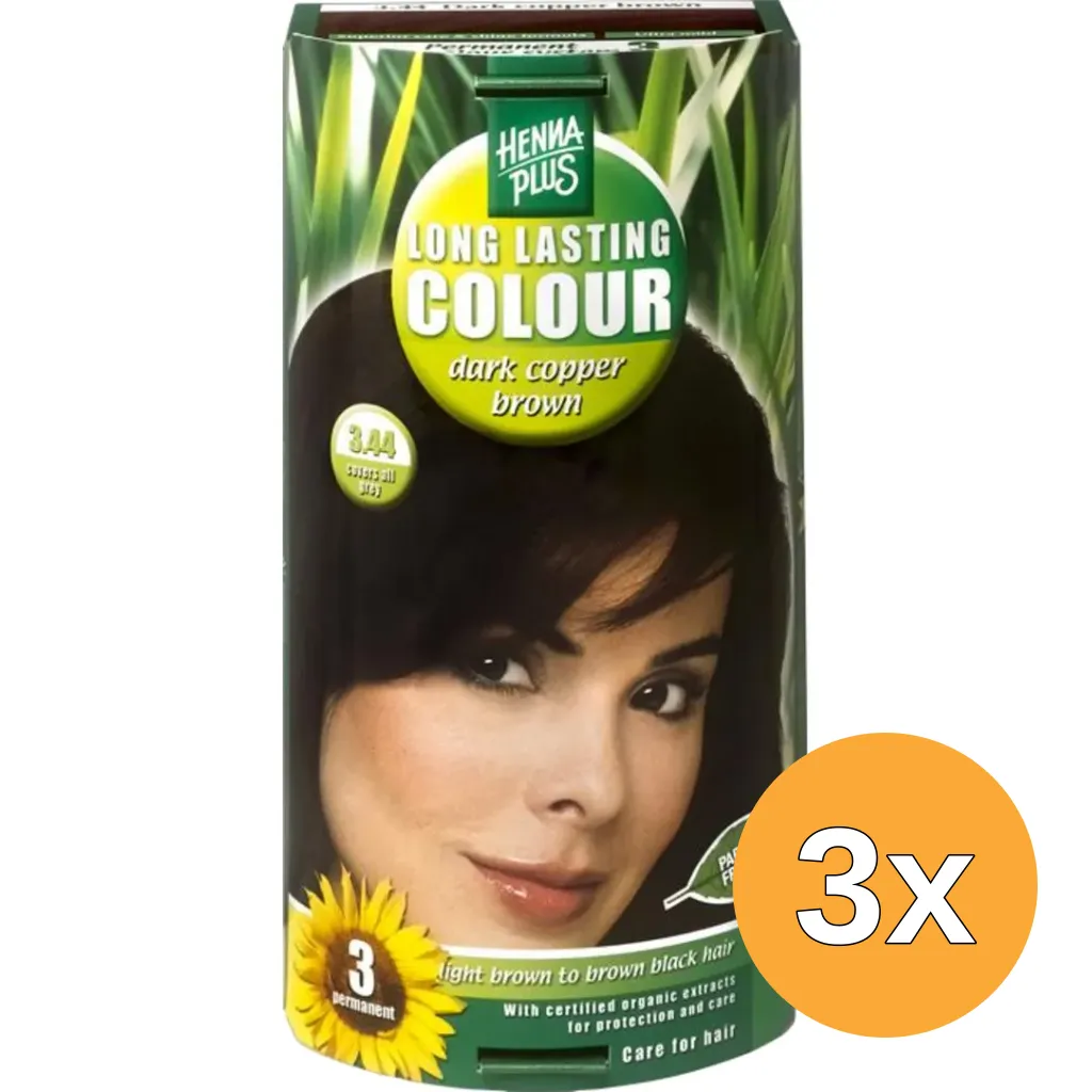 3x Hennaplus Long lasting colour 3.44 dark copper brown (100 ml)