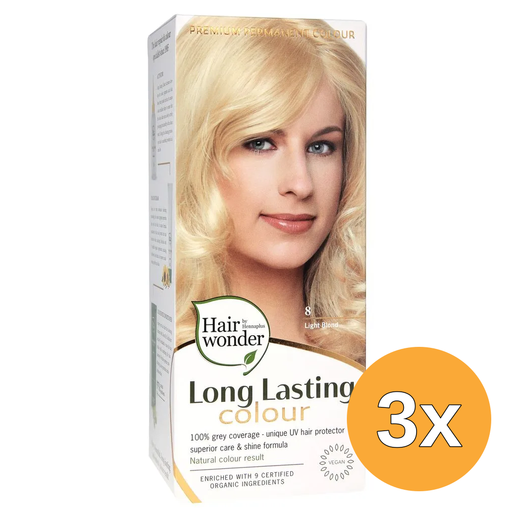 3x Hairwonder Long Lasting Colour 8 Light Blond (100 ml)