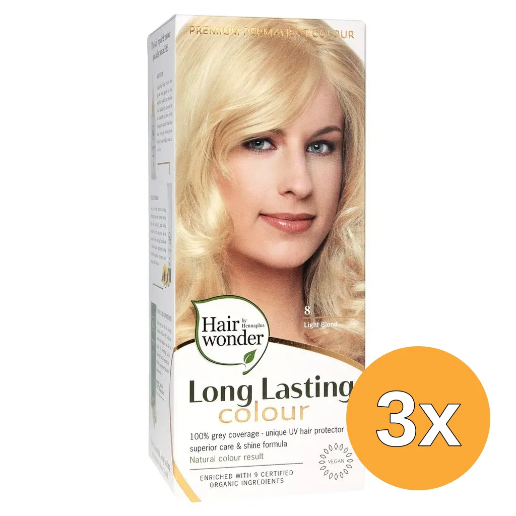 3x Hairwonder Long Lasting Colour 8 Light Blond (100 ml)