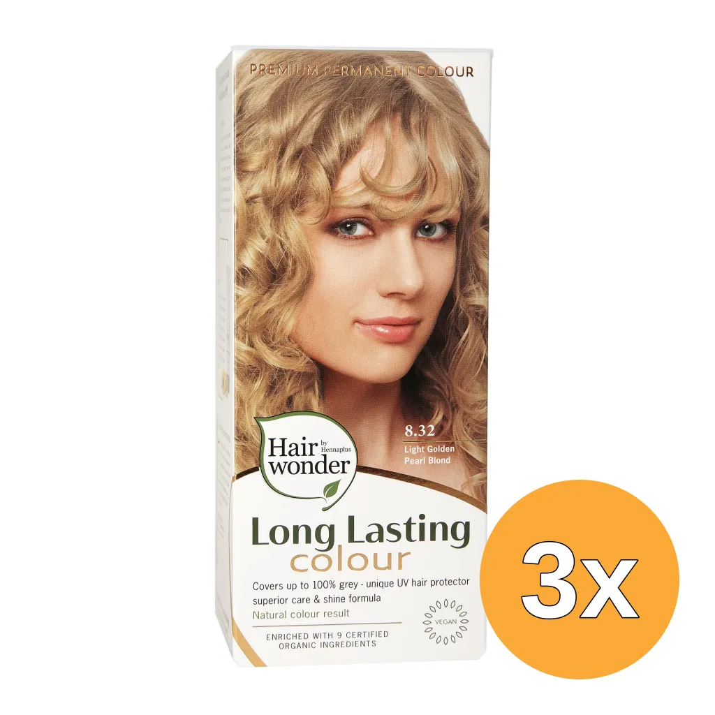 3x Hairwonder Long Lasting Colour Light Golden Pearl Blond 8.32 (100 ml)