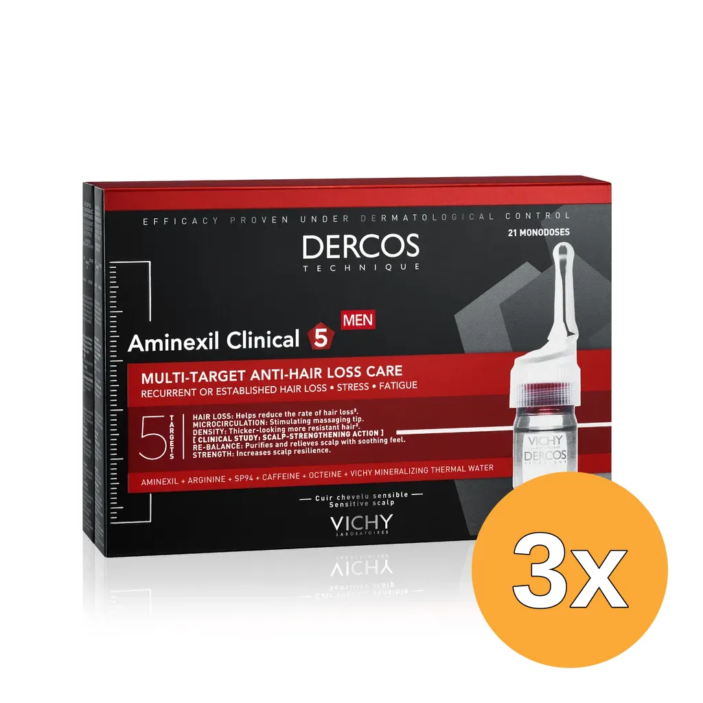 3x Vichy Dercos Aminexil Ampullen voor Mannen met Haarverlies (21 stuks)