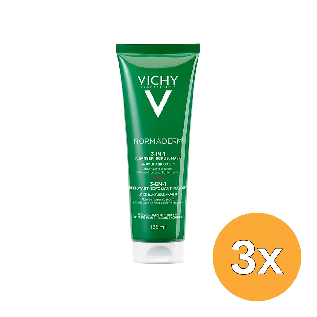 3x Vichy Normaderm 3-in-1 Cleanser Scrub Mask (125 ml)