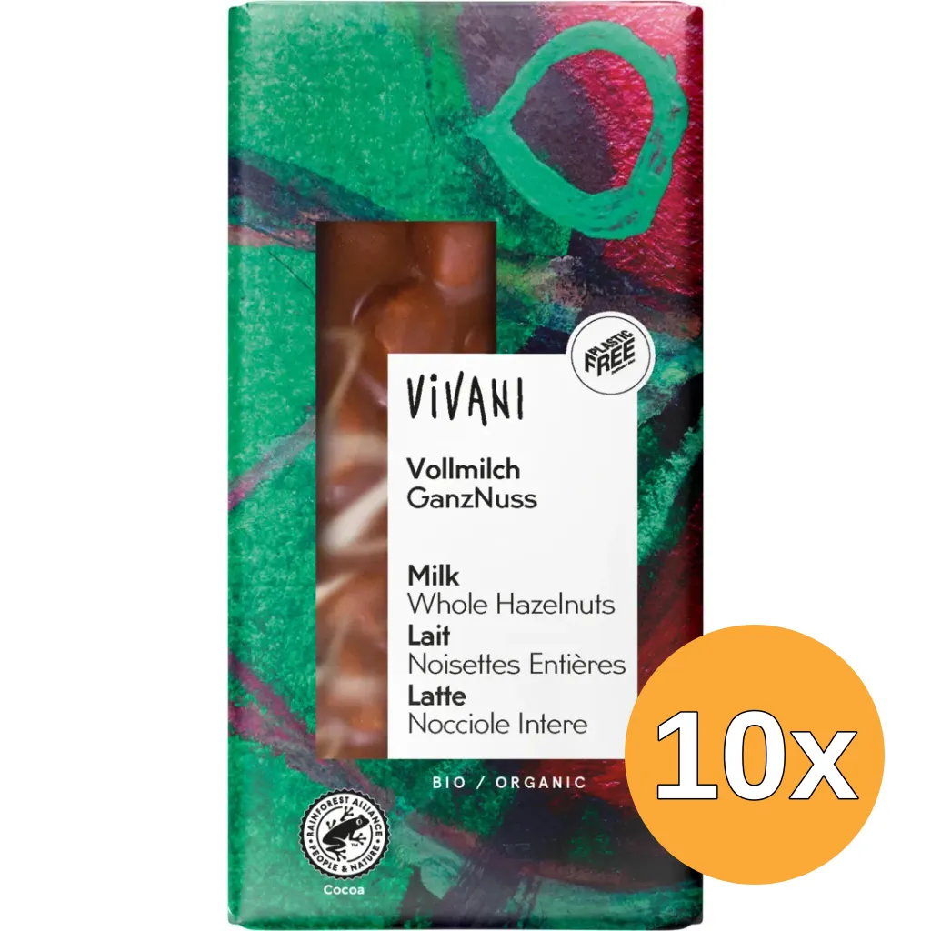 10x Vivani Chocolade Melk Met Hele Hazelnoten Bio (100 gr)
