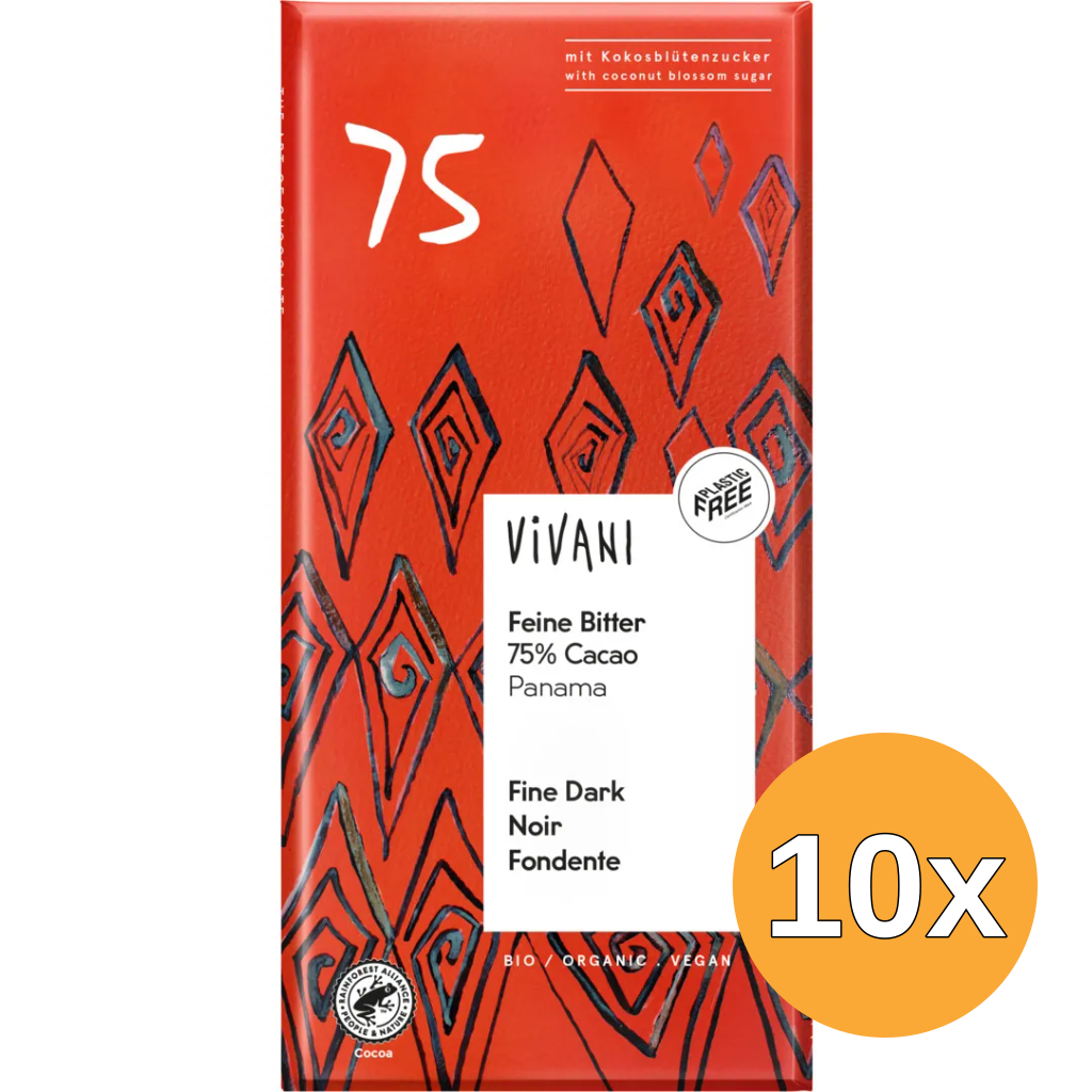 10x Vivani Chocolade Puur Delicaat 75% Panama Bio (80 gr)