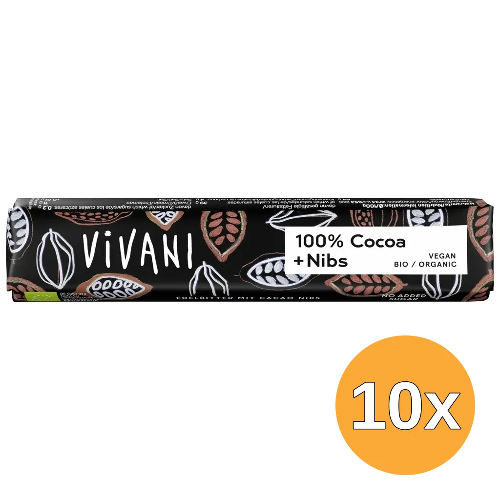 10x Vivani Chocoladereep Puur 100% Cacao Nibs (25 gr)