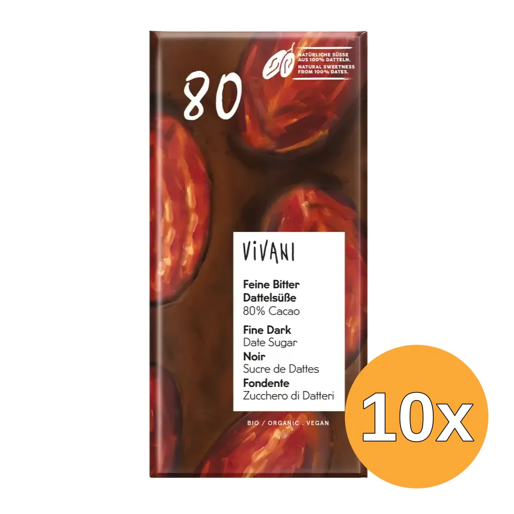10x Vivani Chocoladereep Puur 80% Cacao Date Sugar (80 gr)