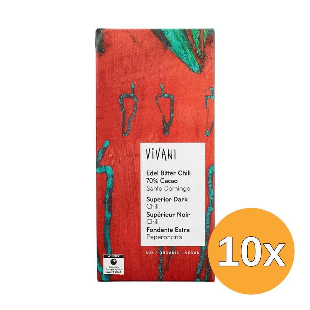 10x Vivani Chocolate Bar Superior Dark Chili 70% Cacao (80 gr)
