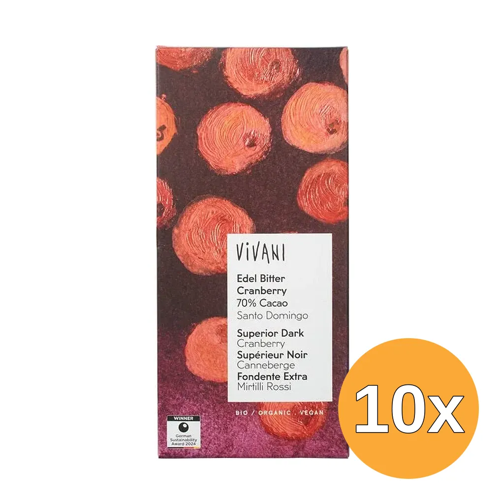 10x Vivani Chocolate Bar Superior Dark Cranberry 70% Cacao (80 gr)