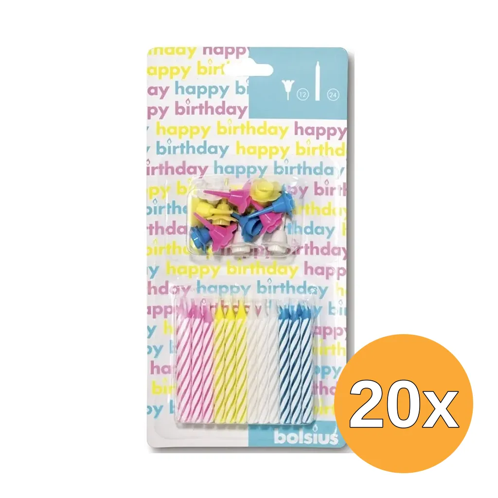 20x Bolsius Taartkaarsjes Met Houder Assorti (24 stuks)