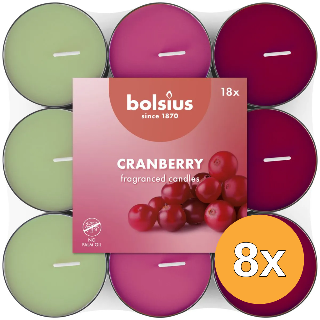 8x Bolsius Geurtheelicht 3,5U Cranberry Pack  (18 stuks)