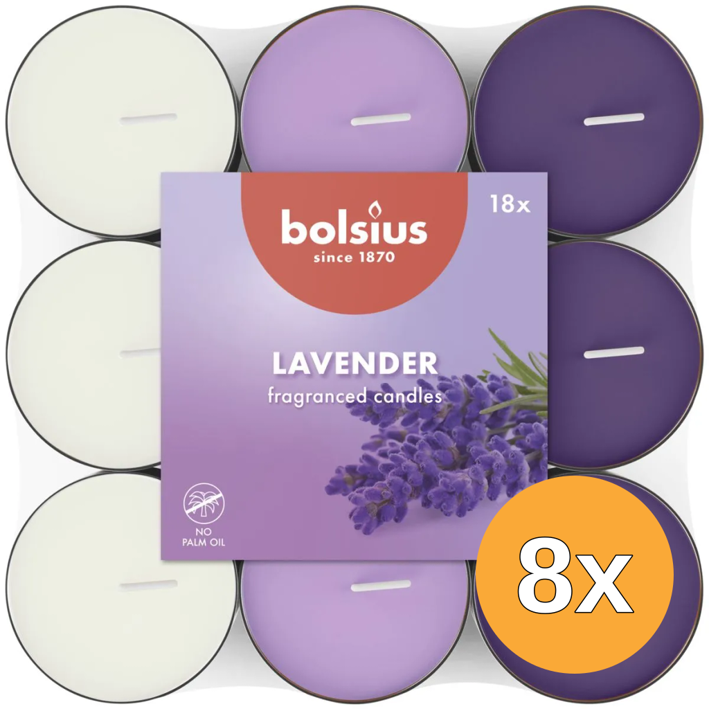8x Bolsius Geurtheelicht 3,5U Lavender Pack  (18 stuks)