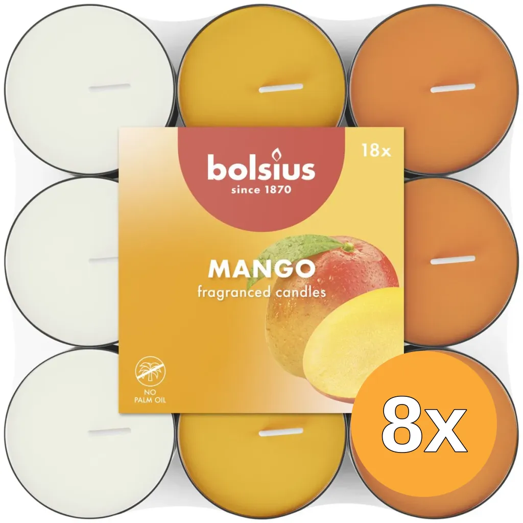 8x Bolsius Geurtheelicht 3,5U Mango Pack (18 stuks)