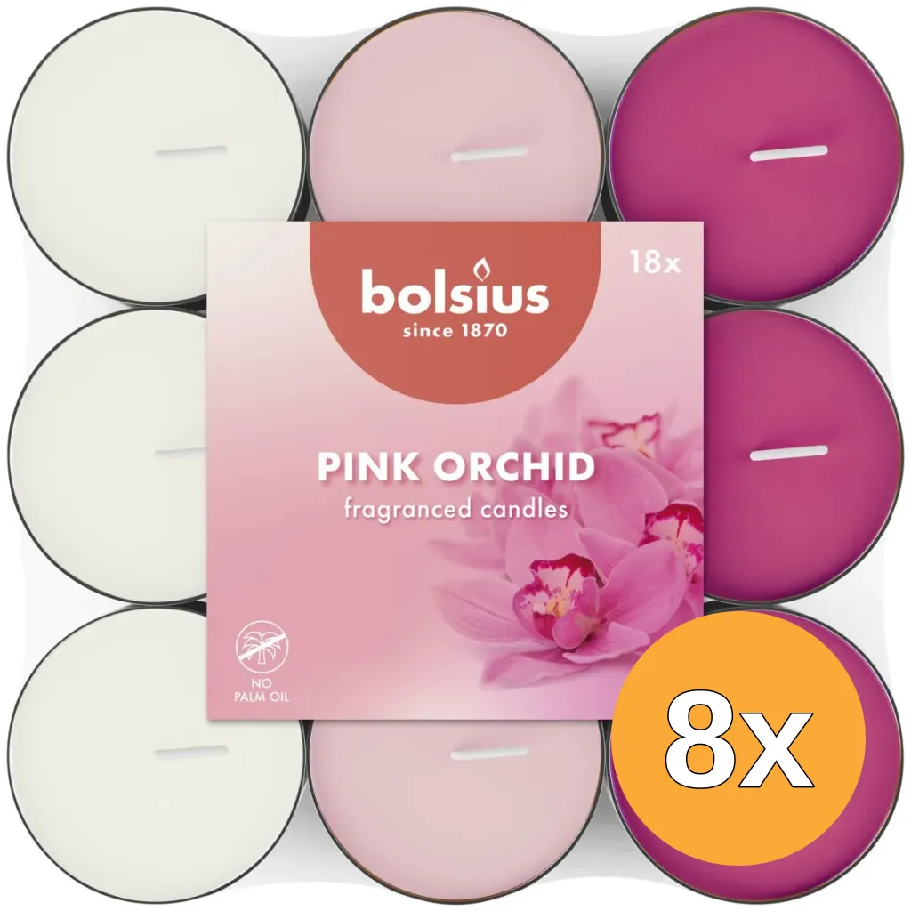 8x Bolsius Geurtheelicht 3,5U Orchid Scented Pack (18 stuks)