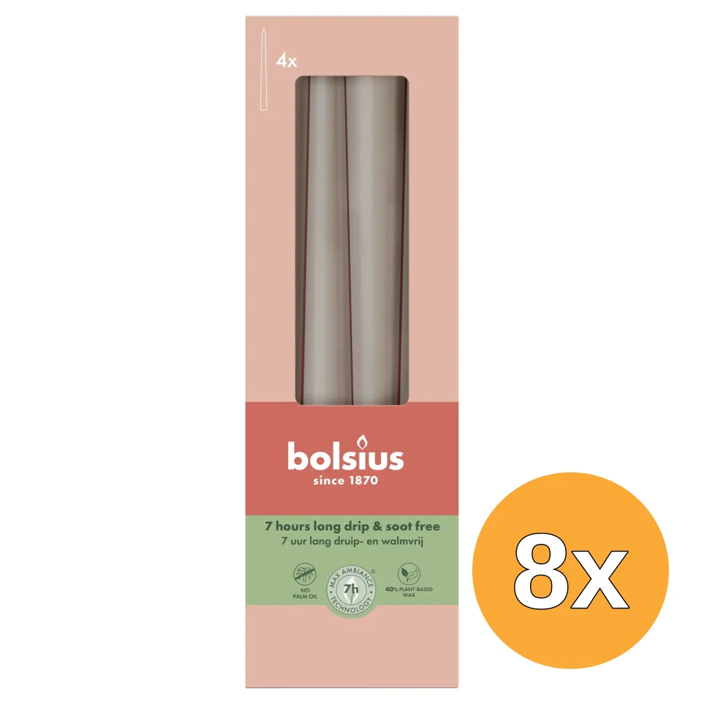 8x Bolsius Gotische kaarsen 245/24 doos 4 Light Taupe (4 stuks)