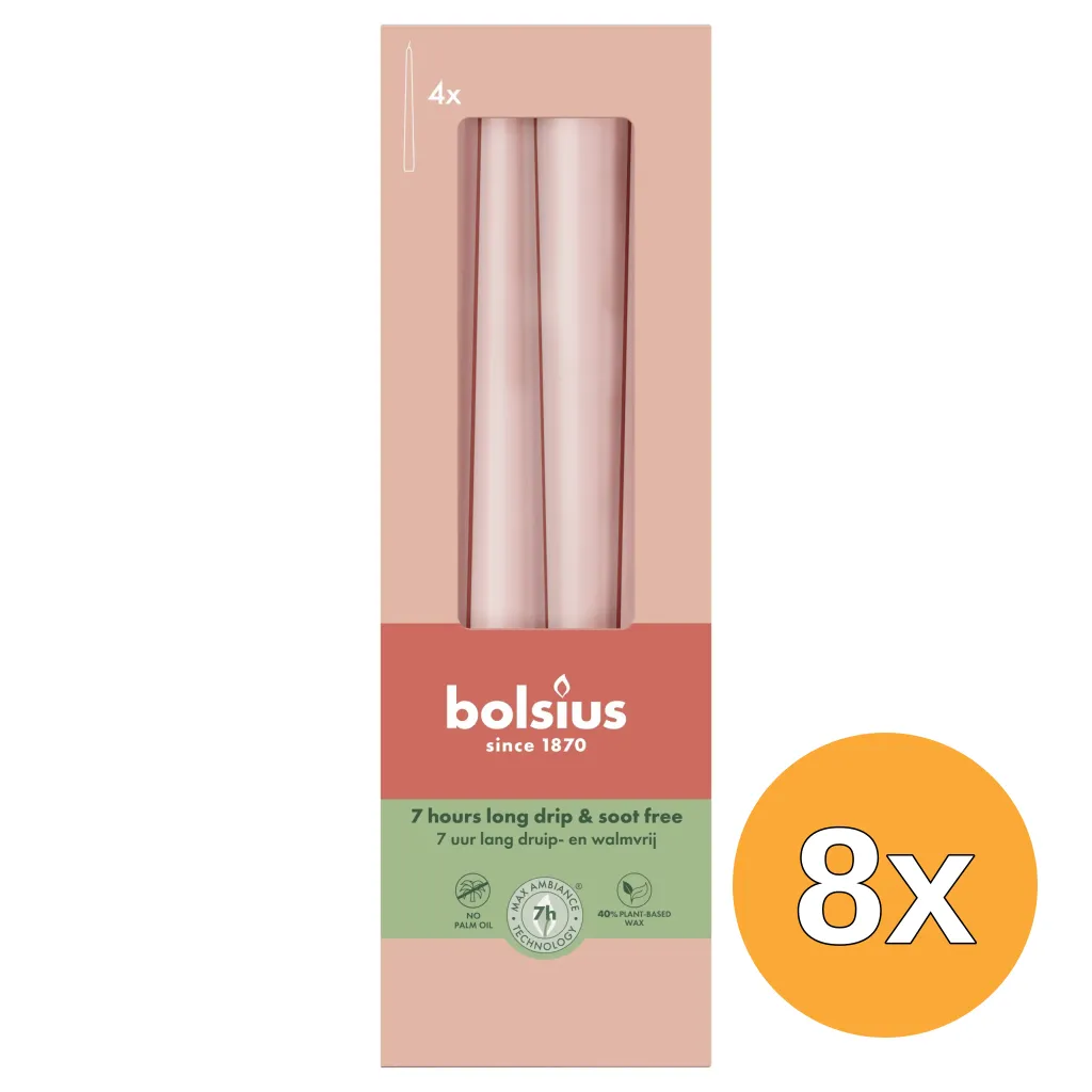 8x Bolsius Gotische kaarsen 245/24 doos 4 Misty Pink (4 stuks)