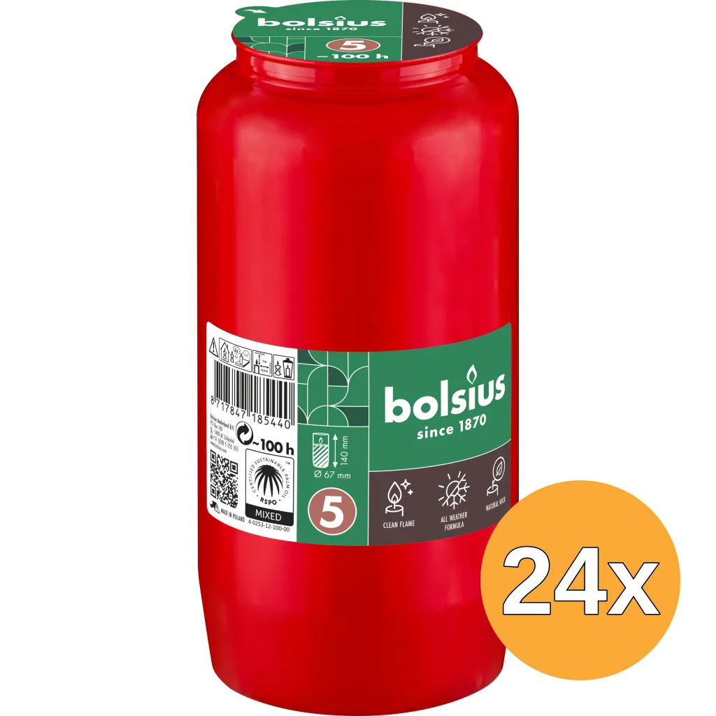 24x Bolsius Herdenkingslicht Compo Nr 5 Rood (1 stuk)