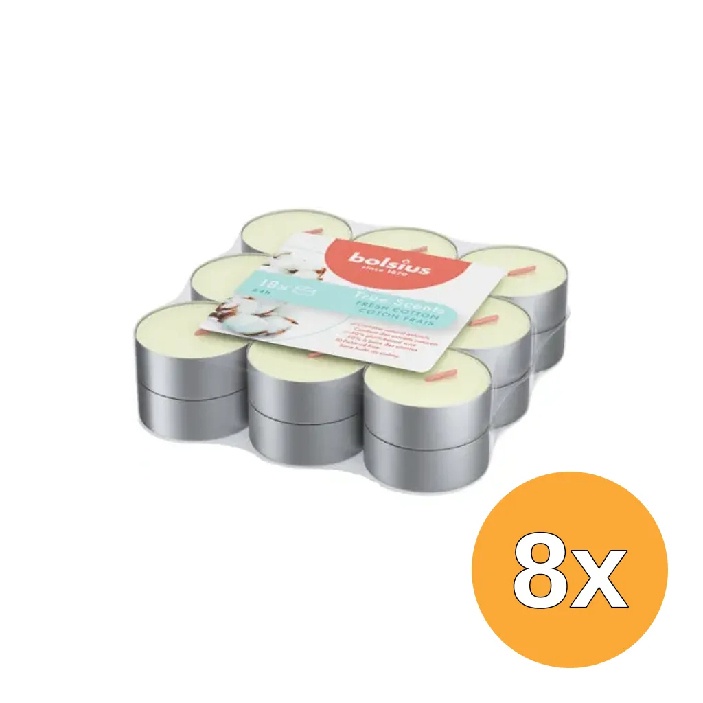 8x Bolsius True Scents Geurtheelichten 4 Uur Fresh Cotton (9 stuks)