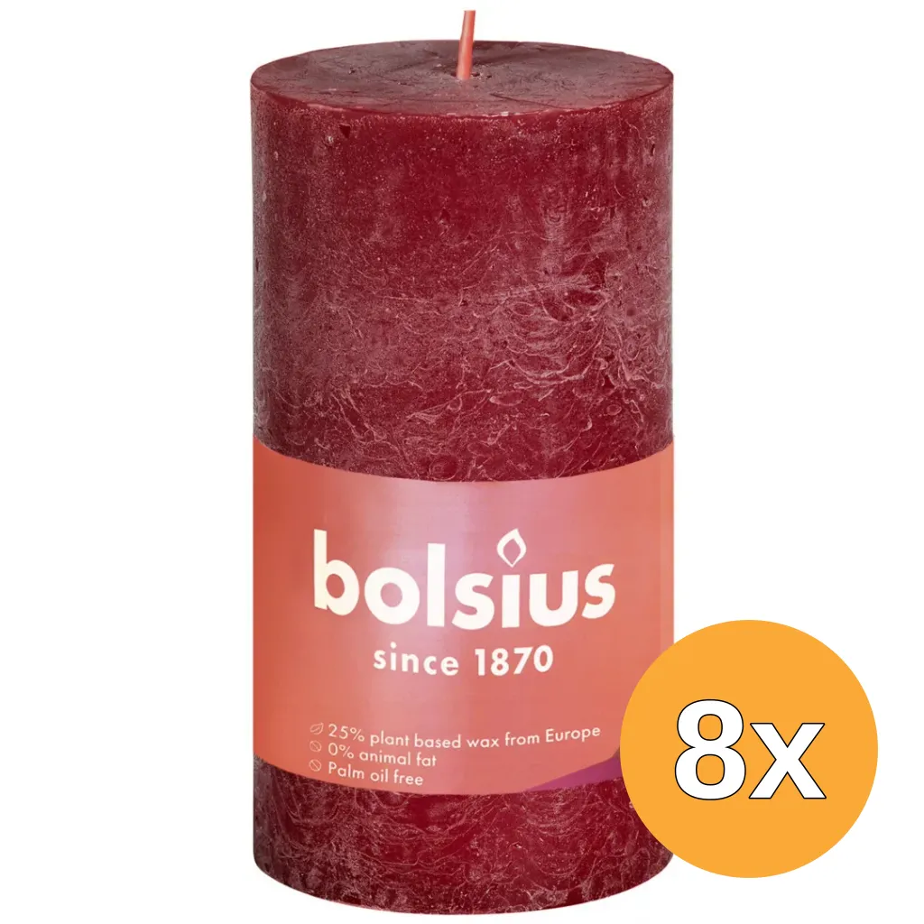 8x Bolsius Rustiekkaars Shine 100/50 Velvet Red (1 stuk)